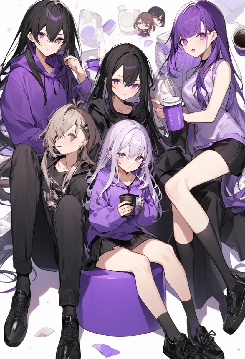 In a purple hoodie、Wearing a black short skirt、Wearing black socks、wearing black shoes。hair is black、Purple eyes。Breasts are K cup。The skin is white and、Long hair。Has one brother and one sister。My sister has an E cup。All in purple hoodies。All hair is black。My brother is wearing black pants.。