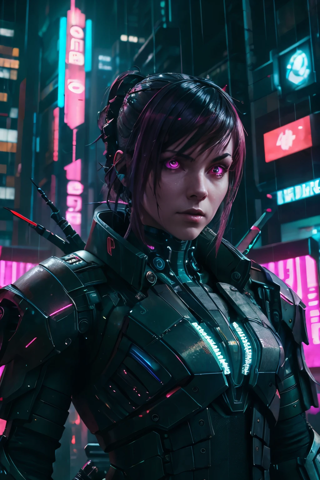 a cyberpunk orc in the street, highly detailed, cinematic lighting, hyper realistic, unreal engine, 8k, ultra-detailed, sharp focus, physically-based rendering, extreme detail description, professional, vivid colors, dynamic pose, glowing eyes, futuristic cybernetic implants, neon city background, rainy atmosphere, moody colors