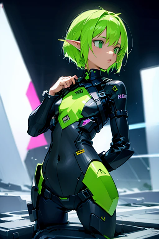 Boy, elf,agedown, flat chest, neon green mohawk haircut 