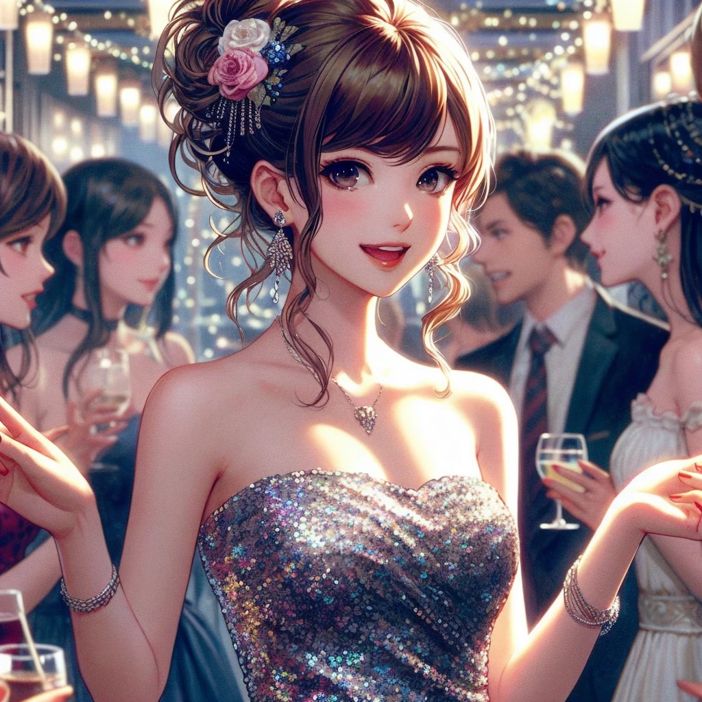 anime girl dans une robe à paillettes tenant un verre de vin, art cg anime lisse, detailed digital animated art, artwork in the style of Guweiz, Guweiz, digital illustration of'anime, tendance sur cgstation, beau style artistique animé, digital animated art, belle fille animée, belle femme animée, waifu anime mignon dans une jolie robe