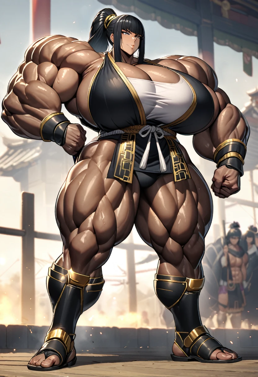 Cleopatra with extreme muscular body, gigantic muscular arms, gigantic muscular tights, samurai outfit, fair skin, black hair with ponytail and gigantic breasts.