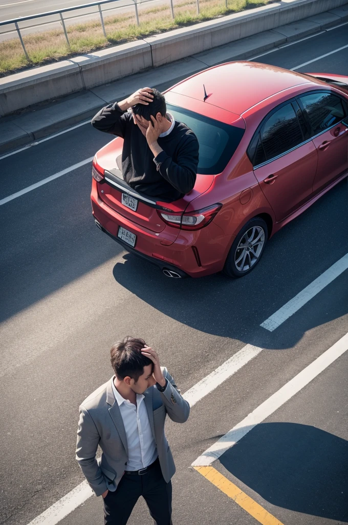 Man standing near his car on a highway with a flat tire with his hand on his head 