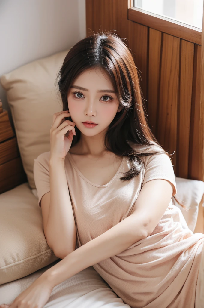 gadis cantik memakai selembar kain di tempat tidur