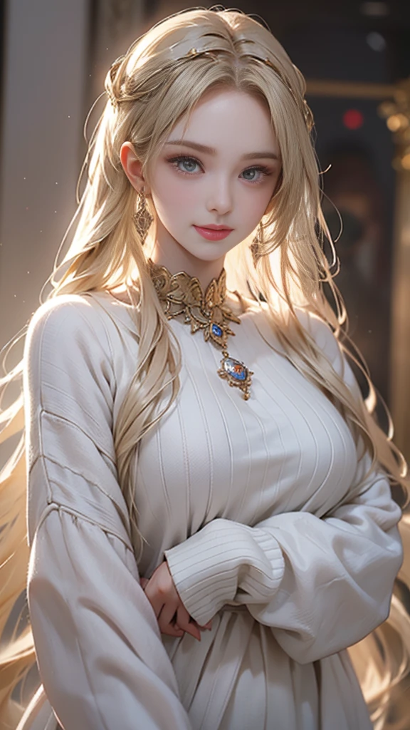 best quality,Super detailed,masterpiece,Employment,8K,Extremely detailed CG unifies 8K, 8K, diamond, and wallpaper，lifelike, Surreal, The original, Intricate details，Detailed face，Exquisite eyes, Skin smooth and soft, Delicate face, Big shining eyes，1 beautiful girl, 18 years old， Super beautiful face details, Smiling shyly, Wearing a sweater、north african trade zone,Best quality:1.4, from photo real:1.4, Texture:1.4, masterpiece:1.8, 1 female, Hip lift, beautiful eyes, Long hair, eye socket, plump big breasts