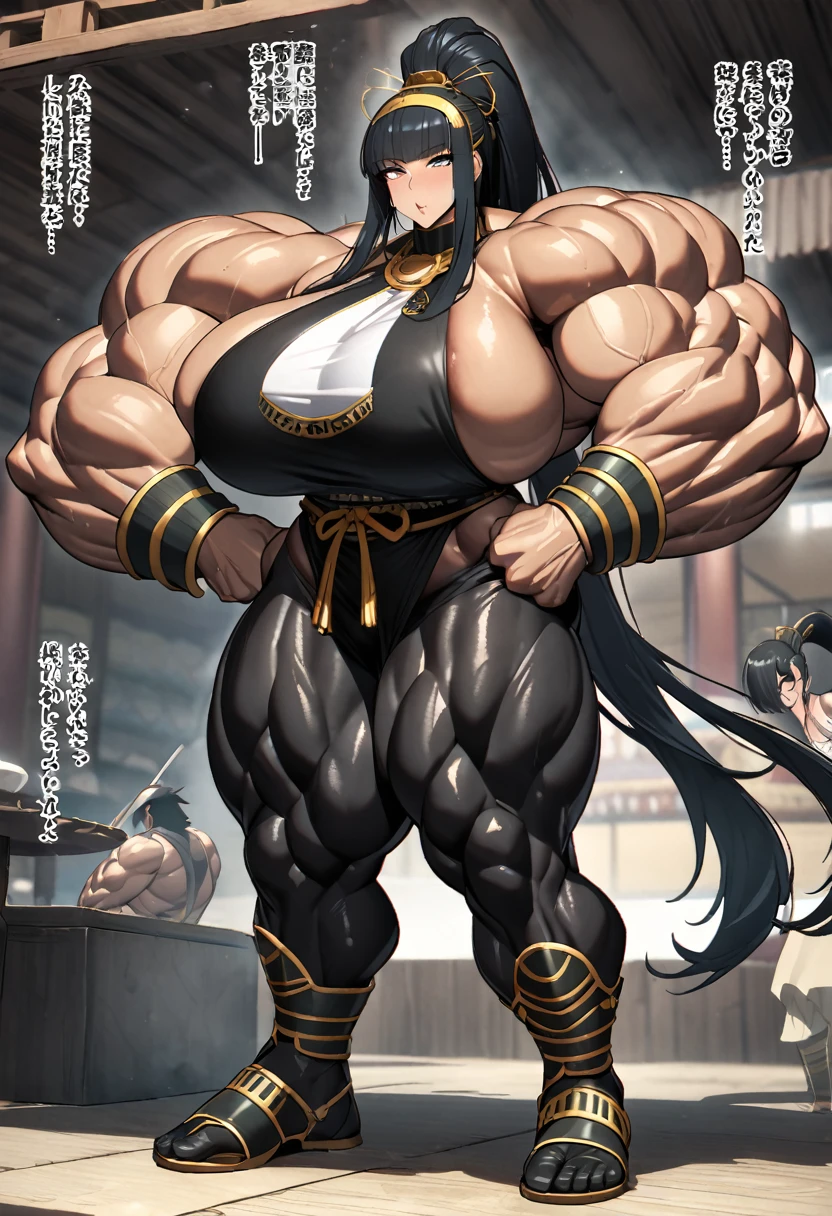 Cleopatra with extreme muscular body, gigantic muscular arms, gigantic muscular tights, samurai outfit, fair skin, black hair with ponytail and gigantic breasts.