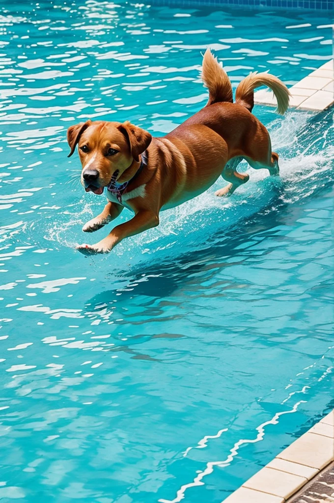 Dog in bikini swimming in the pool