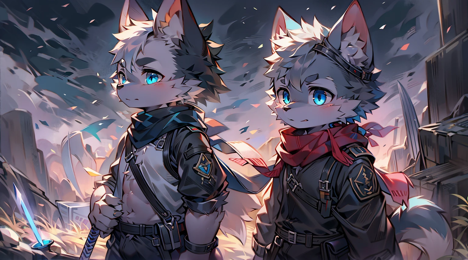 Wolf,juvenile,male,Gray-black fur,Sky blue eyes,Black combat uniform,scarf,Holding a long sword,scabbard,Draw the Sword,Everlasting,only,dawn,illumination,rest,Break