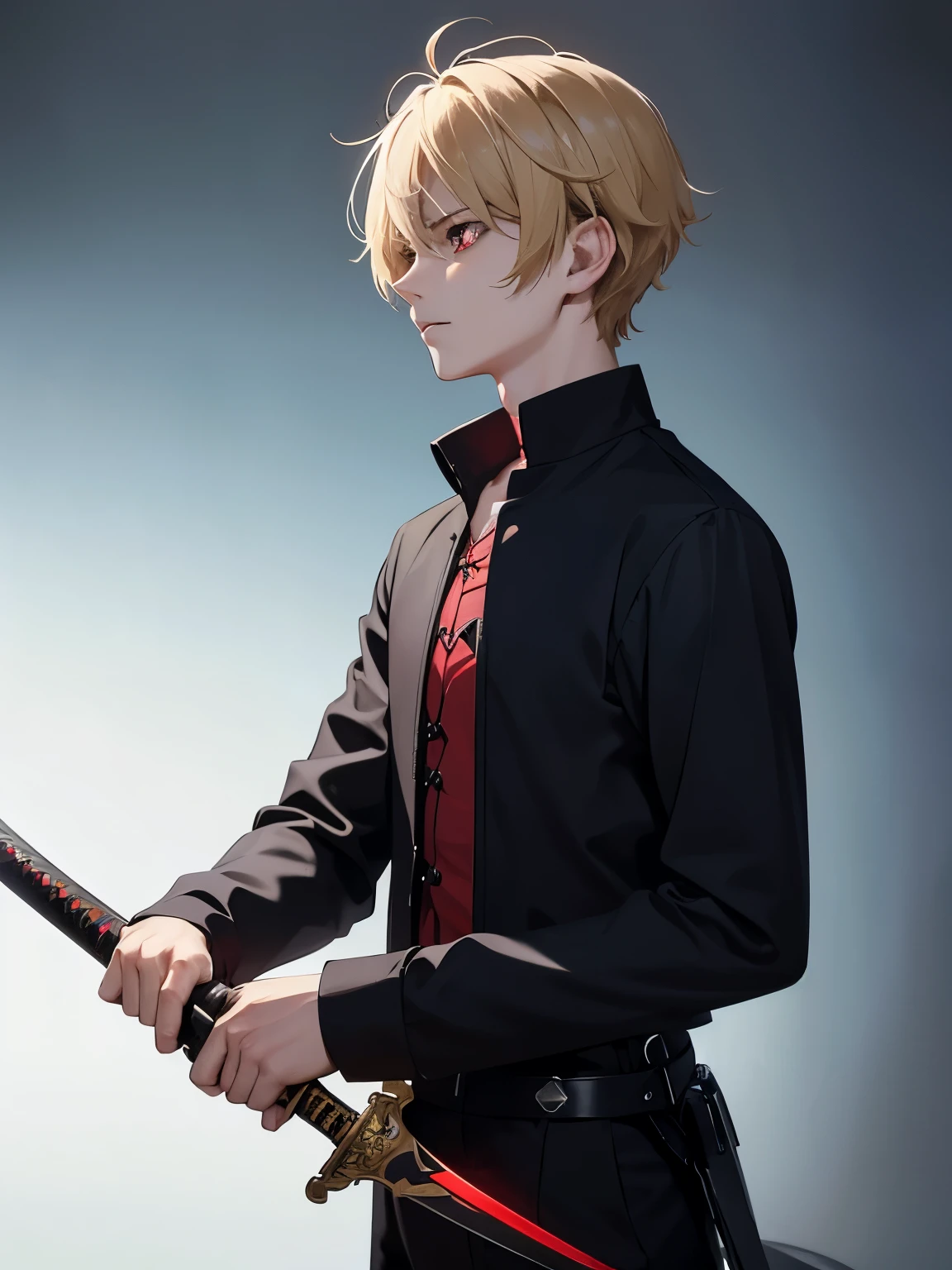 1boy,handsome,,Holding a sword, facing right, camera angle from the side, photo from the side, looking away, looking away,half body photo, short hair, blonde hair, messy hair,  vampire, bright red eyes,black shirt, Long-sleeved shirt,black trousers,,ultra detailed, ultra HD