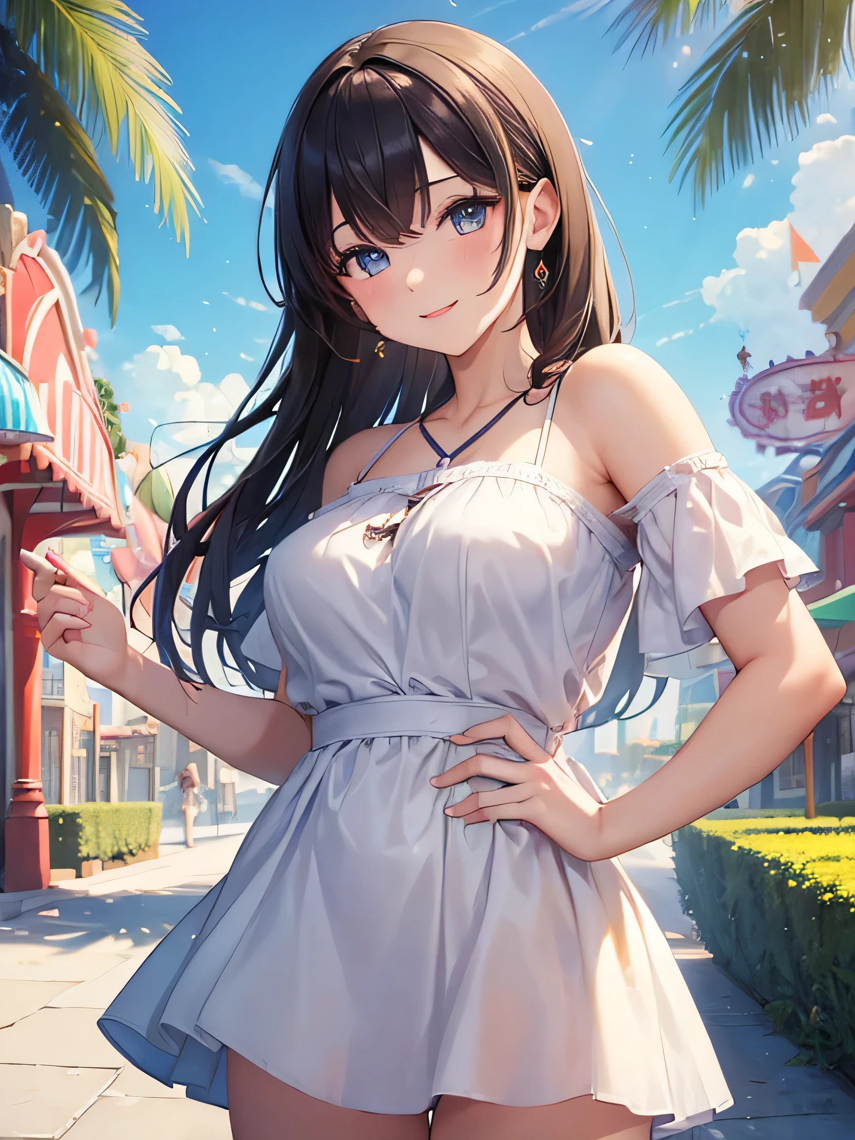 (masterpiece:1.5),(Beat quality),(high res),1girl solo,beautiful face,smile,(shining eyes),upper body,light effects,Woman in summer clothes,The background is a theme park
