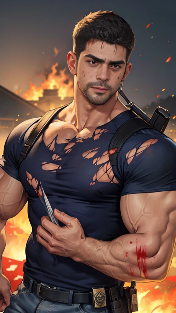(Create a masterpiece: 1.2),(CGI art:1.3),(realistic:1.5),(After processing:1.3),(Sharp focus:1.3), (man Fight, join in battle:1.5 ),sunglass, straight, front ,Chris Redfield ,(black hair), smile open mouth, (Wear color navy round neck T-shirt: 1.5), (with a Police badge: 1.2), navy cargo, (Torn shirt:1.6), (wound: 1.3) , (blood splatters) ,( abrasions on face: 1.5), (Blood stains on the face and body: 1.4), Korean guy , korean men, (High gloss details), chest muscles, large arm muscles, blood vessel, Big muscles, Broad shoulders, looking at the audience, Balancing the eyes, middle of the road , (Carrying a black backpack: 1.3) ,(Fire blazes behind)