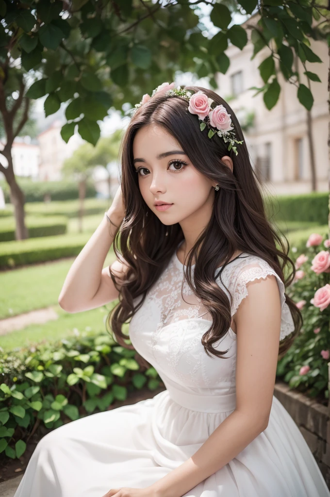 8K, Foto CRU, Fujifilm, foto de estilo de uma bela jovem como Avril em um jardim de rosas cor de rosa claro (pele altamente detalhada: 1.2) Estilo-Petal BREAK cabelo curto, cabelo loiro com mechas coloridas, vestindo um vestido, film grain, 35mm, estilo fofo