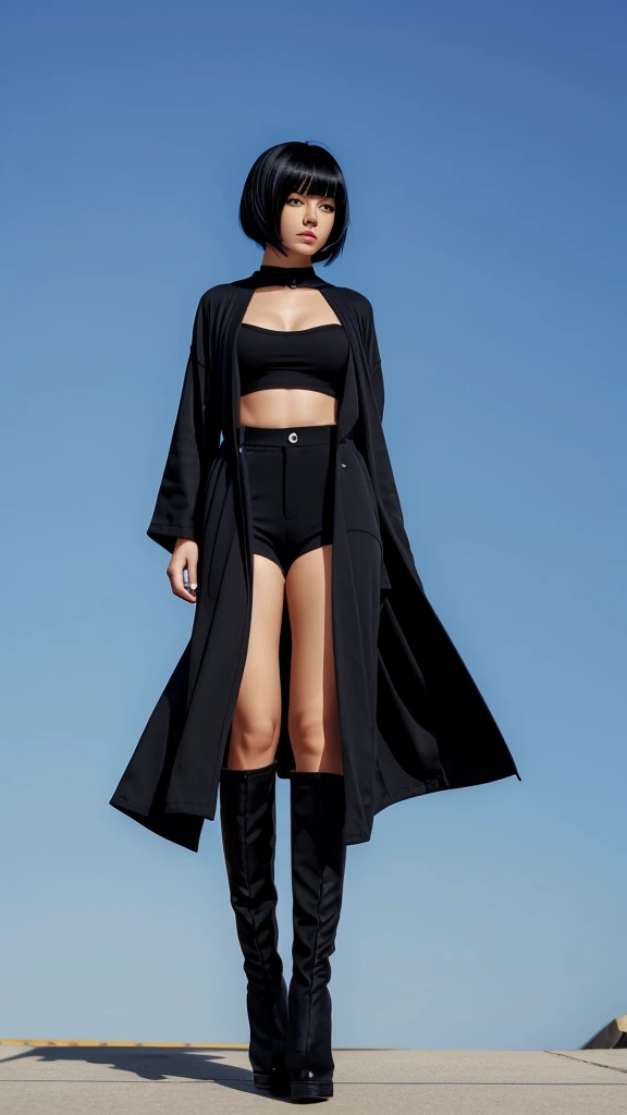 A Beautiful girl, black bob hair style, wearing long black robe, black pants, black boots shoes, blue sky background, anime, full body