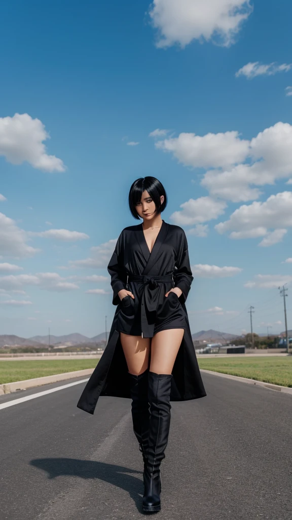 A Beautiful girl, black bob hair style, wearing long black robe, black pants, black boots shoes, blue sky background, anime, full body