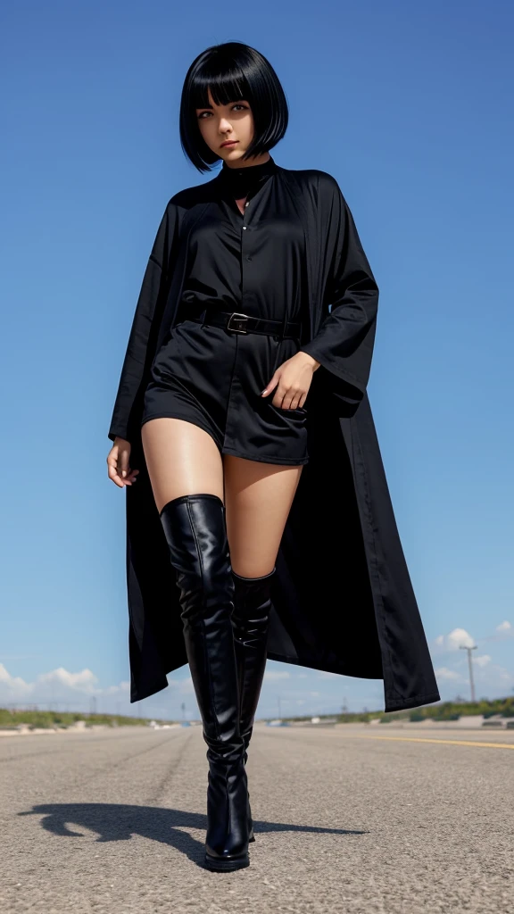 A Beautiful girl, black bob hair style, wearing long black robe, black pants, black boots shoes, blue sky background, anime, full body