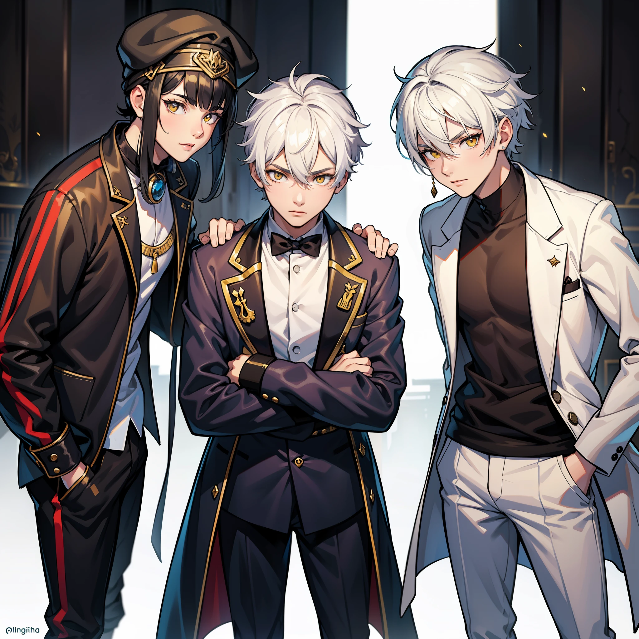 There is a girl and two boys, , white hair, yellow eyes, they are in ancient Egypt.