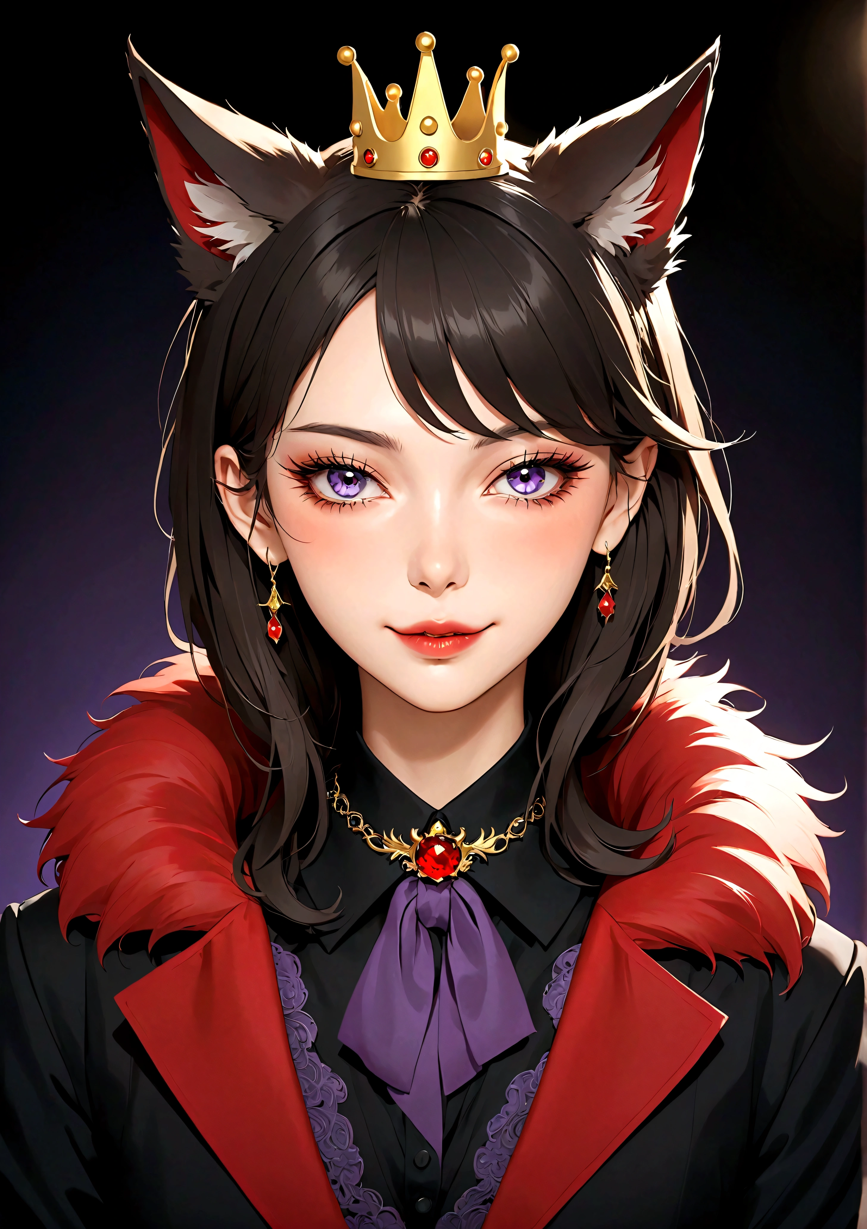 Vector，flat，Simple and smooth lines，A beautiful illustration：Big Bad Wolf:1.37.Beautiful girl sitting elegantly，(((She has a beauty spot:1.37)))，Purple Eyes，Delicate lashes，Smile，Smooth skin，Long black hair，Wolf ears， Small Crown，Red fur collar brooch on suit，温顺的Big Bad Wolf。Correct human anatomy，moonlight，bat