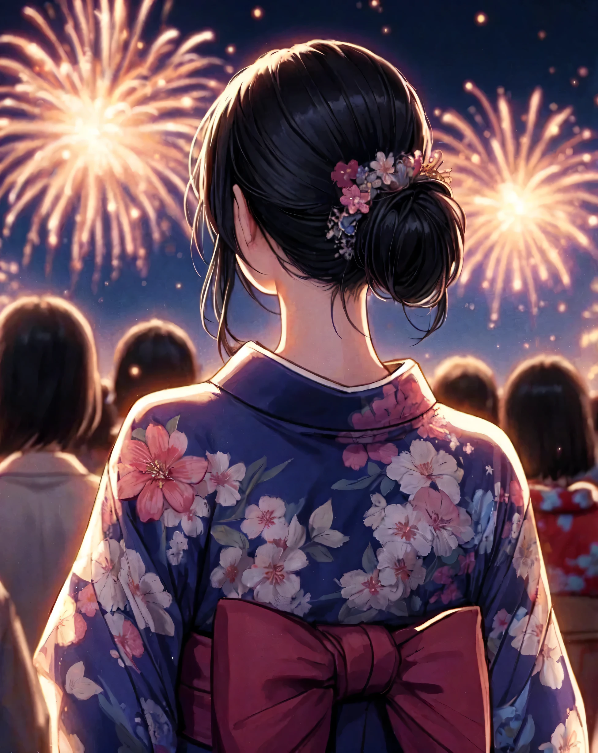 1lady solo, standing, back of head, (from behind), looking up at sky, (elegant yukata:1.1) stylish, mature female, /(black hair/), hair up, flower ornament, (nape of neck), (masterpiece best quality:1.2) delicate illustration ultra-detailed BREAK (summer festival) outdoors, (elegant fireworks), night sky, contrast, crowded, detailed background