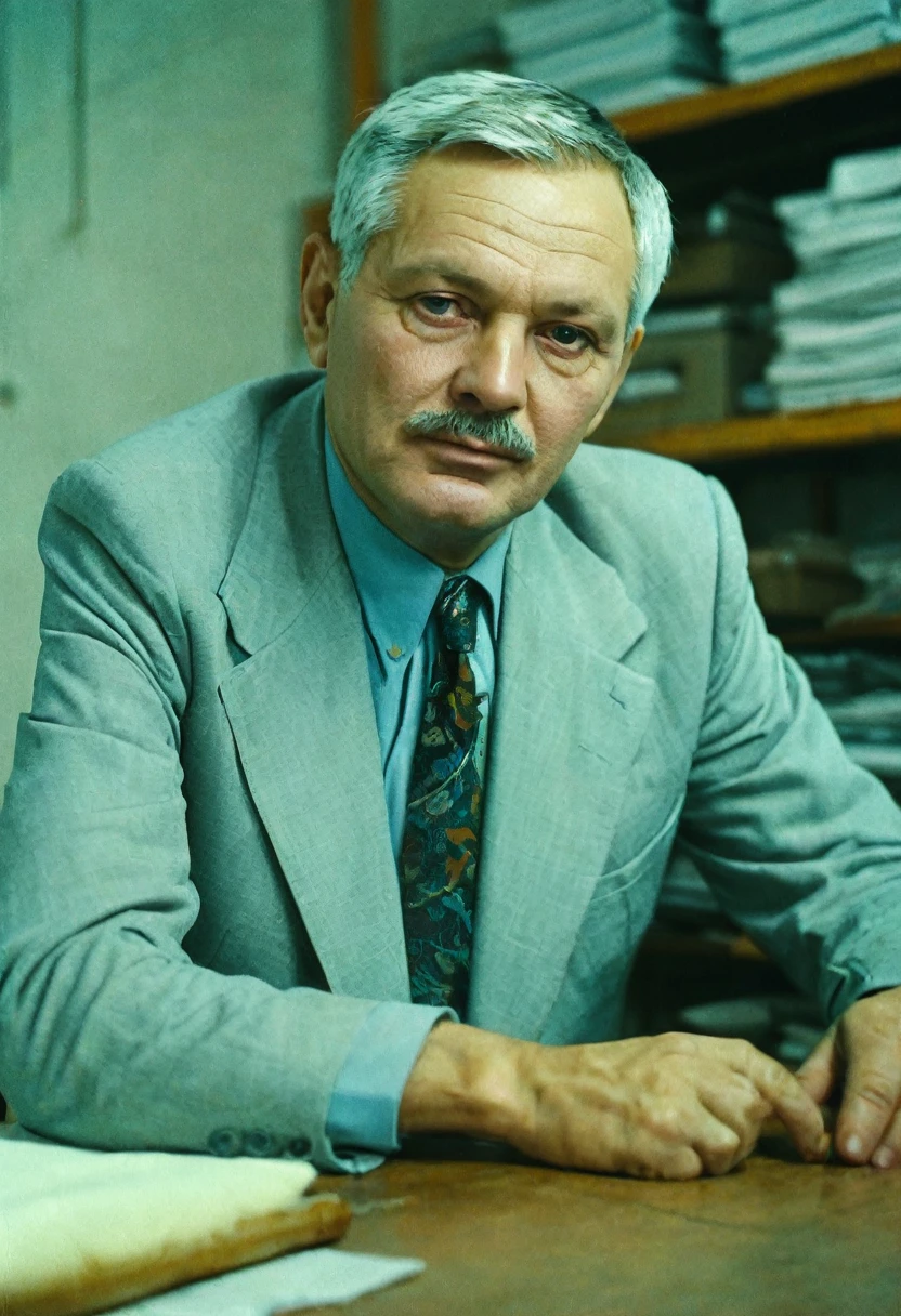 color photo. adult man, head of a garment factory in the USSR. Portrait photo in the office at the table. high detail