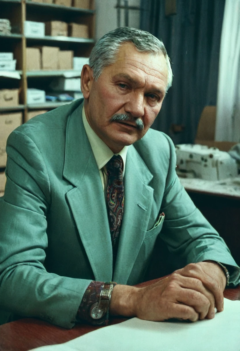 color photo. adult man, head of a garment factory in the USSR. Portrait photo in the office at the table. high detail
