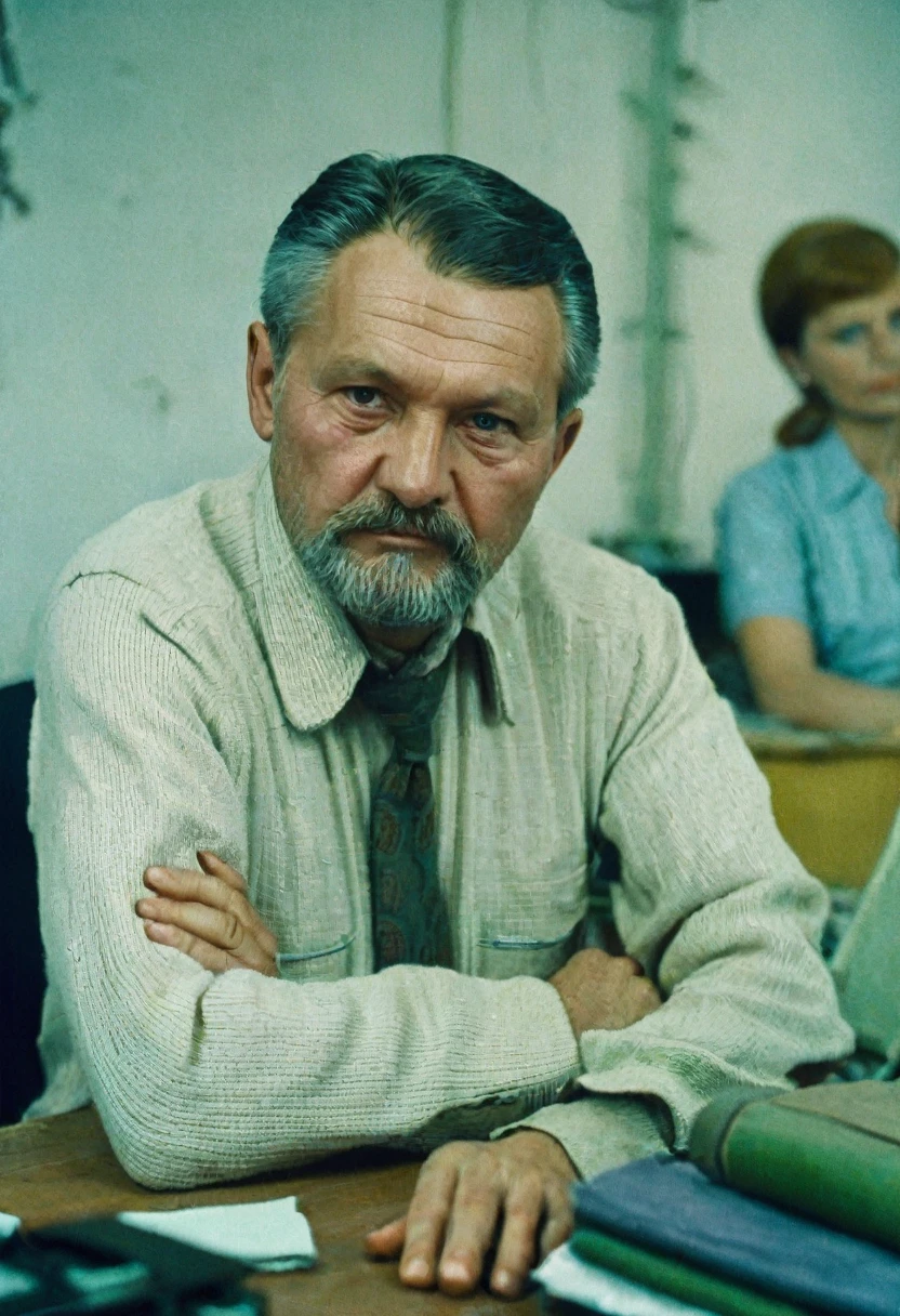 color photo. adult man, head of a garment factory in the USSR. Portrait photo in the office at the table. high detail