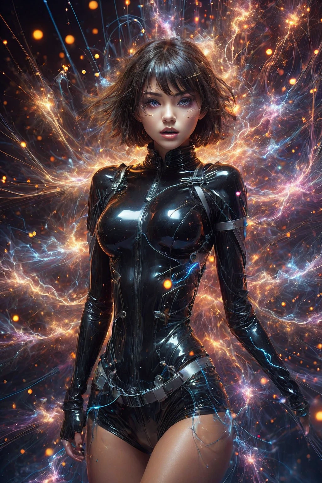 (masterpiece), best quality, expressive eyes, perfect face,beautiful girl,,black bodysuit,armor,ninja girl,short hair,beautiful eyes,full face mask,electrodes on the girl's body from which electric discharges and lightning break out,electric shock,a lot of lightning on the girl's body,lightning on her arms,legs,stomach,mask,eyes looking up,Eyes rolled back,hands tied up,open heels,lightnings on heels,the girl gets incredible pleasure,ecstasy on her face, underwater, There are a lot of glowing jellyfish around