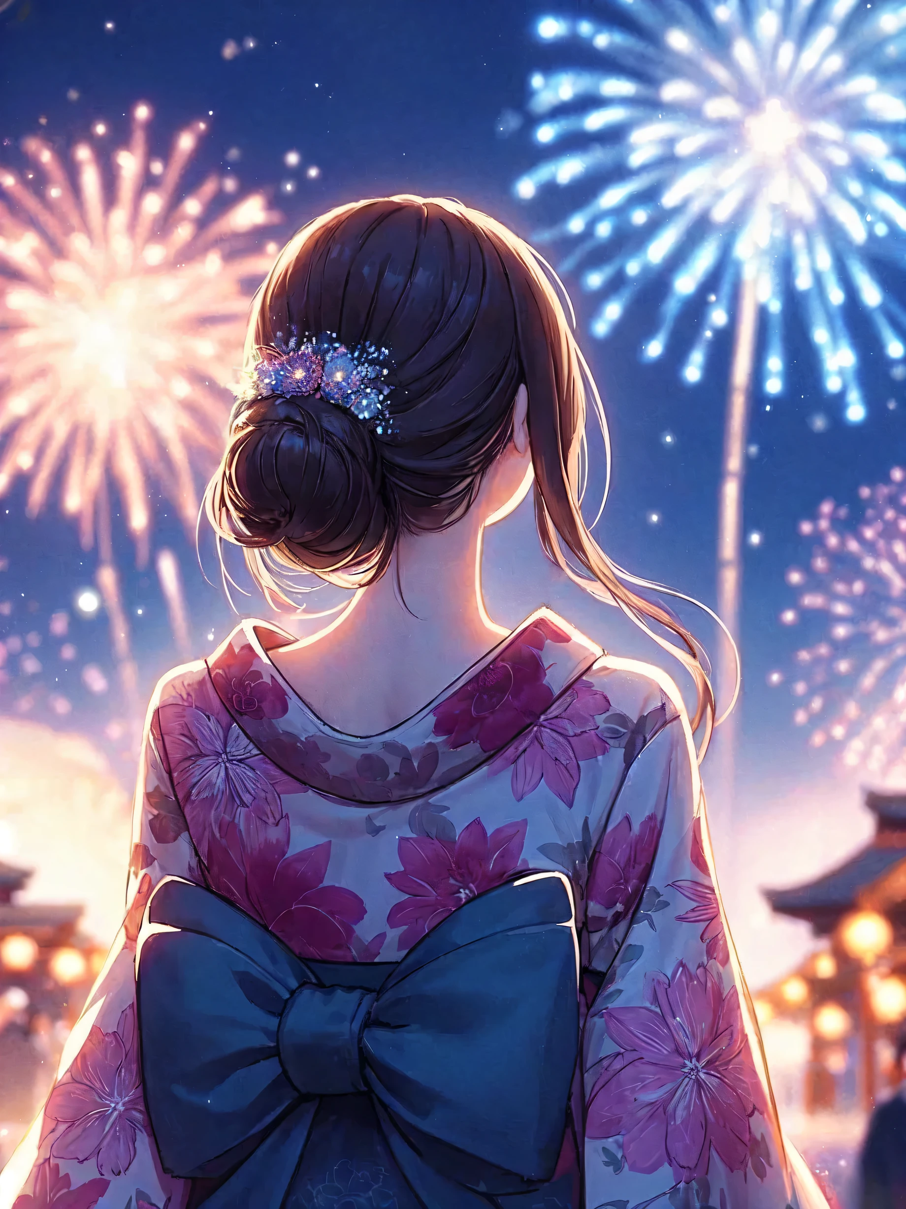 1lady solo, standing, back of head, (from behind), looking up at sky, (elegant yukata:1.1) stylish, mature female, /(brown hair/), hair up, flower ornament, (nape of neck), (masterpiece best quality:1.2) delicate illustration ultra-detailed BREAK (summer festival) outdoors, (elegant fireworks), night sky, contrast, crowded, detailed background