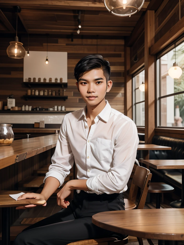 A captivating portrait of a short-haired Indonesian man wearing a plain white shirt, black pants, and black sneakers. Relaxing in a beautiful and aesthetic rustic café, the warm and cozy atmosphere adds an elegant yet laid-back impression. The combination of simple style and artistic surroundings creates an extraordinary visual harmony.