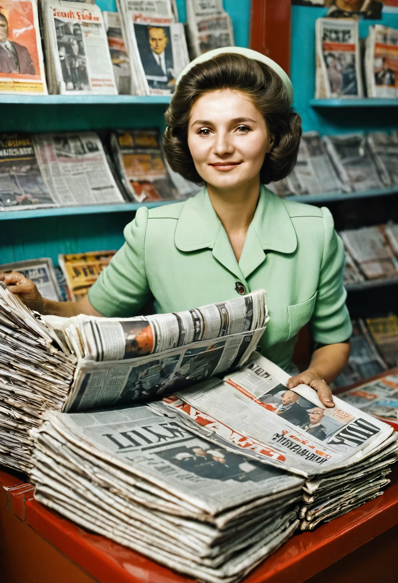 color photo. Woman selling newspapers at a kiosk in the USSR. Portrait photo in the kiosk behind the counter. high detail