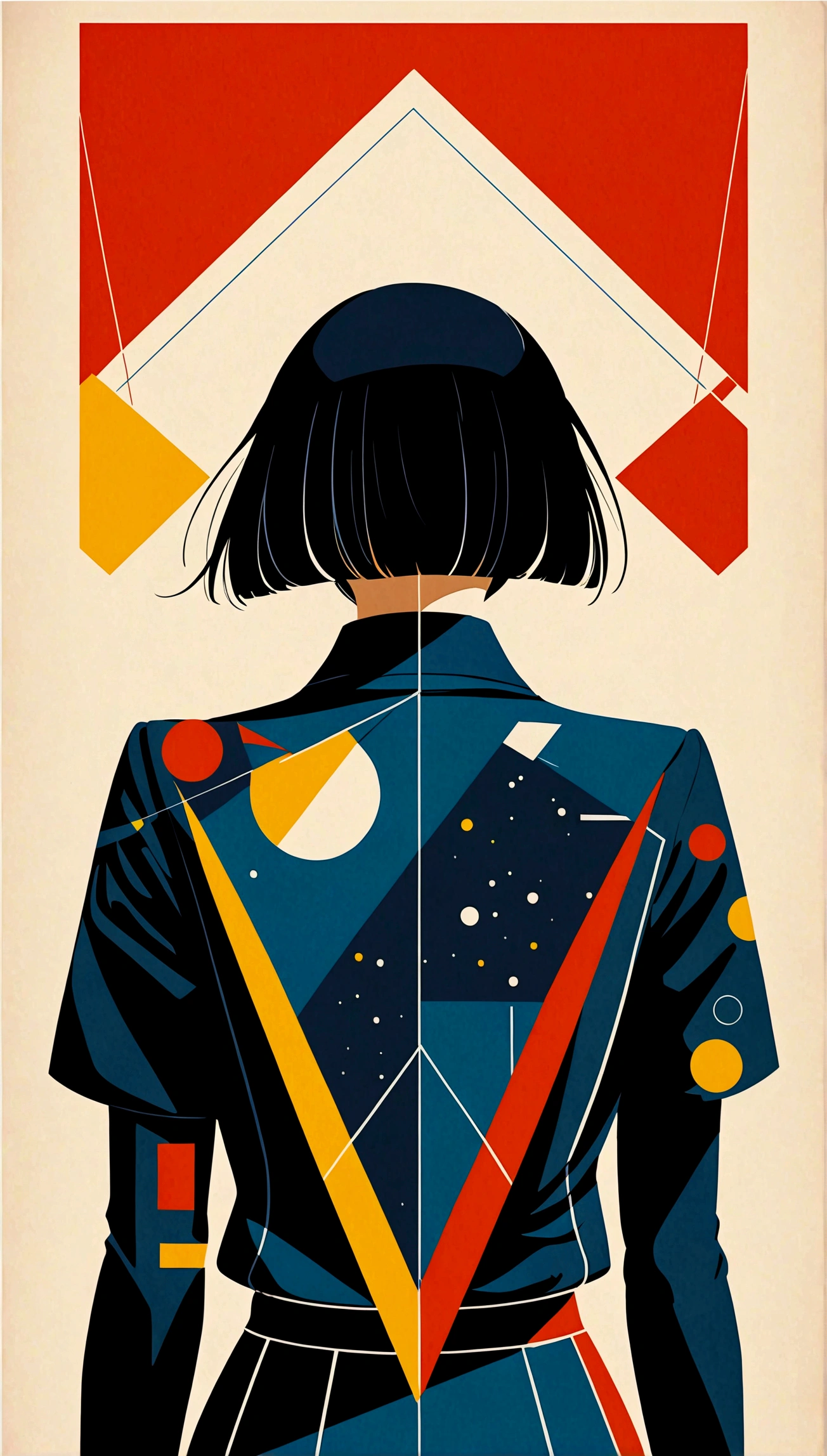 best quality, masterpiece, highres, 1girl, (Back View),space thriller movie poster, Bauhaus, shapes, lines, abstract,