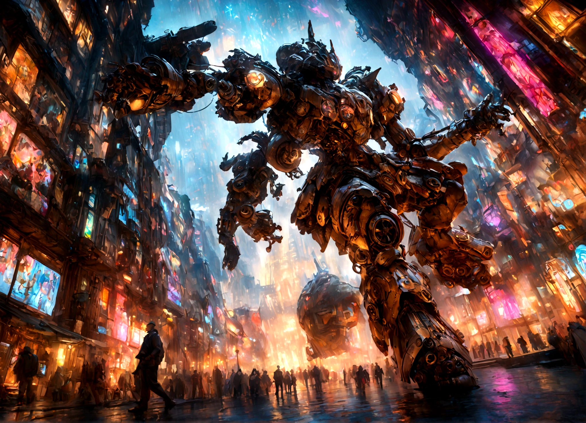 giant kaiju made of bright bits of fruit salad, candy land tokyo, steampunk, highly detailed, 8k, (best quality,4k,8k,highres,masterpiece:1.2),ultra-detailed,(realistic,photorealistic,photo-realistic:1.37),HDR,UHD,studio lighting,ultra-fine painting,sharp focus,physically-based rendering,extreme detail description,professional,vivid colors,bokeh,mecha,mechanical,gears,cogs,steam punk,futuristic city,neon lights,glowing,colorful,surreal,cinematic lighting,dynamic pose,dramatic angle