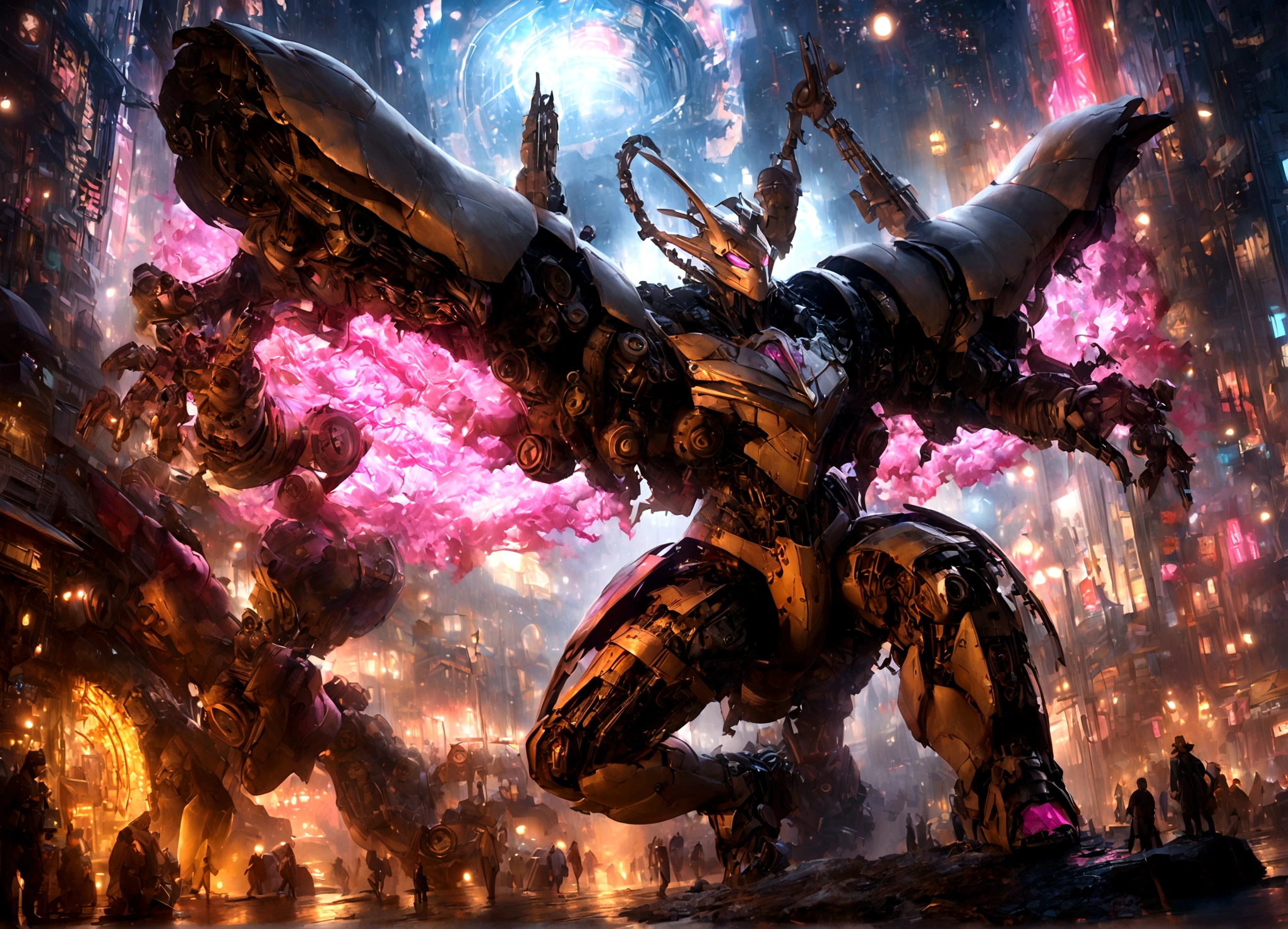 giant kaiju made of bright bits of fruit salad, candy land tokyo, steampunk, highly detailed, 8k, (best quality,4k,8k,highres,masterpiece:1.2),ultra-detailed,(realistic,photorealistic,photo-realistic:1.37),HDR,UHD,studio lighting,ultra-fine painting,sharp focus,physically-based rendering,extreme detail description,professional,vivid colors,bokeh,mecha,mechanical,gears,cogs,steam punk,futuristic city,neon lights,glowing,colorful,surreal,cinematic lighting,dynamic pose,dramatic angle