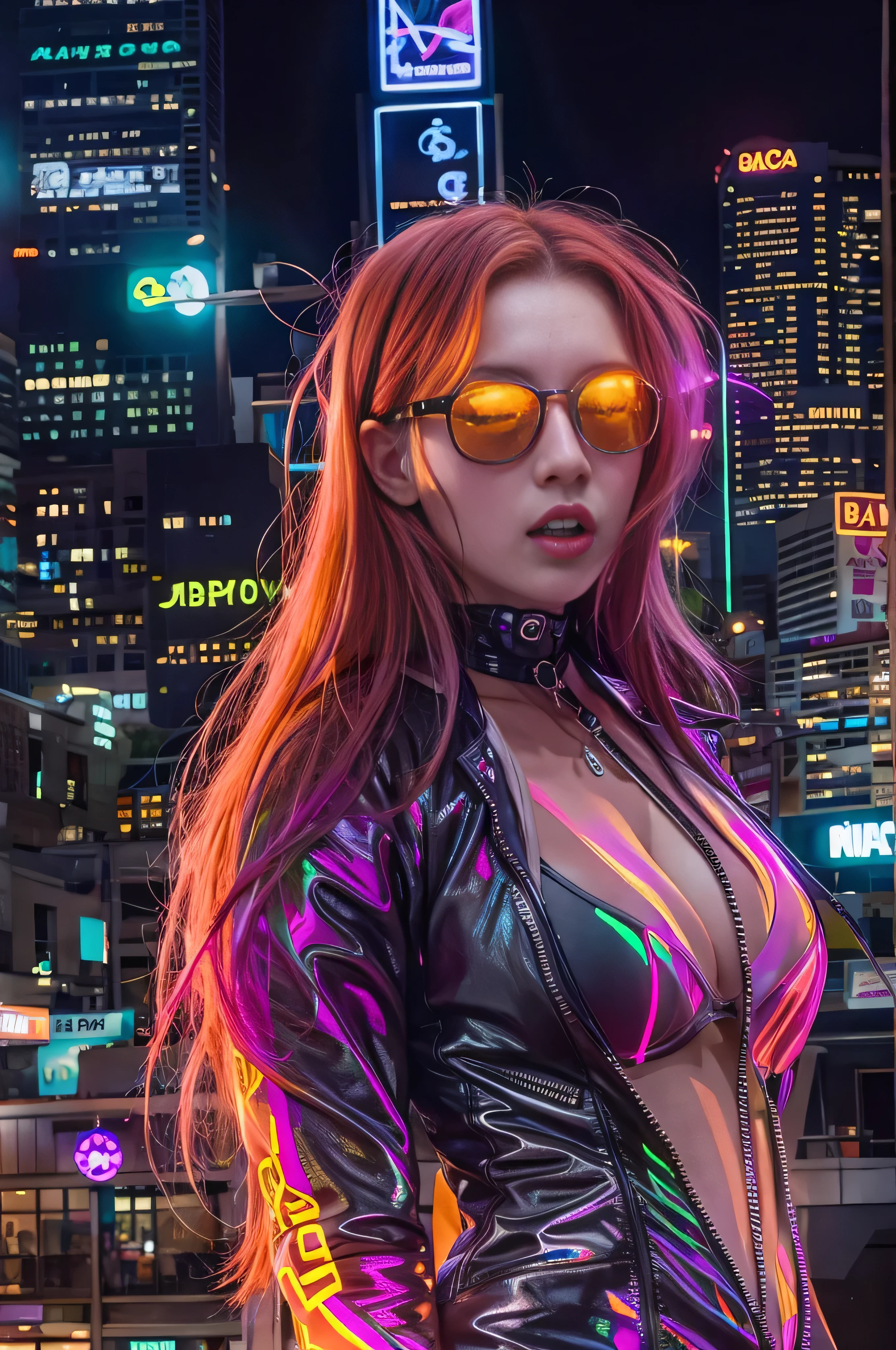Tabletop, A dystopian city with neon signs and holograms projected onto the buildings and sky, Slim beautiful woman, Surrounded by neon-lit streets, Written boundary depth, Beautiful woman with slim figure, Tight Clothes Holographic, Healthy girl, Strong lighting in bodysuit, Hourglass Shape, High contrast clothing, Holographic clothing, (Walking towards the camera), (Look into the viewer's eyes), lipstick, Yellow Virtual Reality Glasses, Long red straight hair, night, Cyberpunk aesthetic, Highly detailed lighting, dramatic, In 8K, High detail, Skin Texture, Realistic Skin texture, armor, highest quality, High resolution, Photorealistic, Cocktail, Whole cake with fireworks stuck in it,