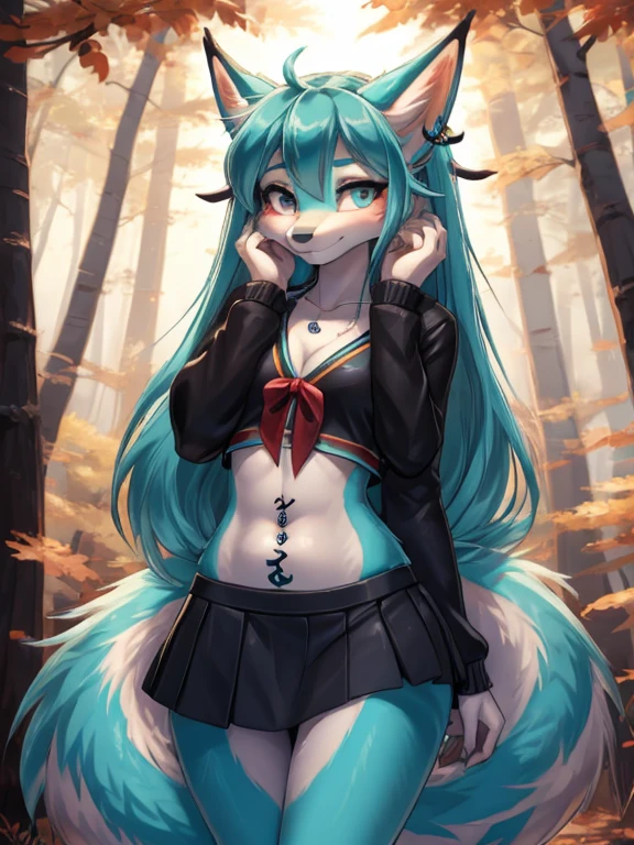 Chica anime, anime style, cute hatsune miku x suicune, shy girl , Orejas de Kitsune, arte de dark natasha, autum forest landscape, arte de vixen aztra, cuerpo completo, patas hermosas, cintura delgada, caderas amplias, piernas torneadas, hermosa, foto de cuerpo completo, sensual navel blouse, black mini skirt, navel piercing, ear piercing, navel tattoo, shy pose, beatifull and detailed hands, cheerleader