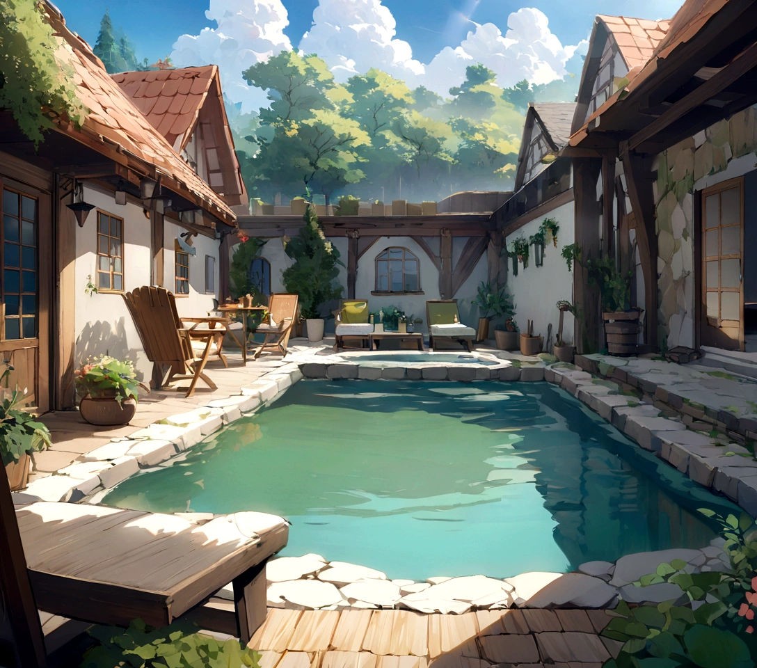 ((((masterpiece, Best Quality, High resolution)))), High detail, manga，anime，Illustrated style，Use of bright colors，Ghibli Studio「Howl&#39;s Moving Castle」The colors are like those used in daytime scenes., Medieval European fantasy worldview, Türkiye, Pamukkale, Holiday home with pool, courtyard, Sophisticated interior, A naturally occurring pool-like pond, sunlight, There is a beautiful hot spring pool in the center.、Sparkling water gushes out in the sunlight., Large space，There is no one，Ghibli Studioの魔女の宅急便のような雰囲気， RPG-like scenery, There is beer, wine and delicious food on the table., The sky is bright blue、Fluffy white clouds floating, And the sun is shining brightly, Create a magical and cozy atmosphere, Bright daytime atmosphere.