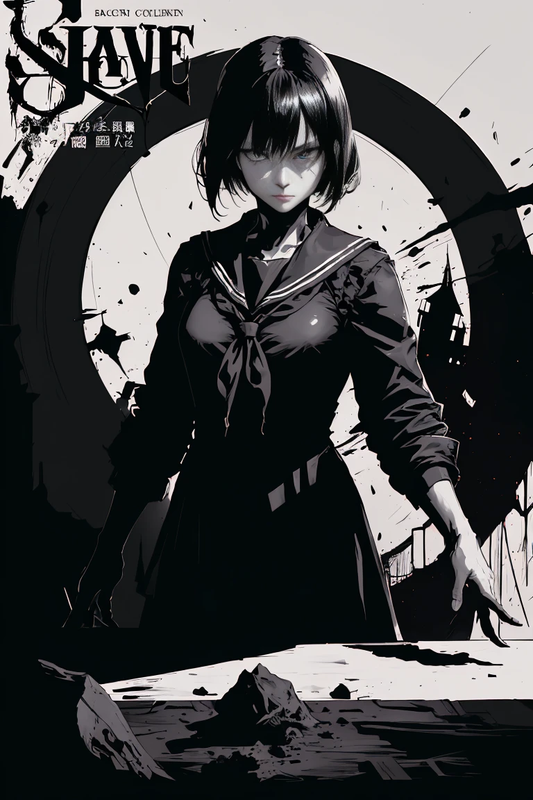 v5lcn style,Ink Art,(highest quality,Tabletop:1.2),(Black and white comic core:1.1),(extremely high contrast),Dark ink,One Girl,Black-haired,Shadow on face、8k,solve,high school girl,Sailor suit,
