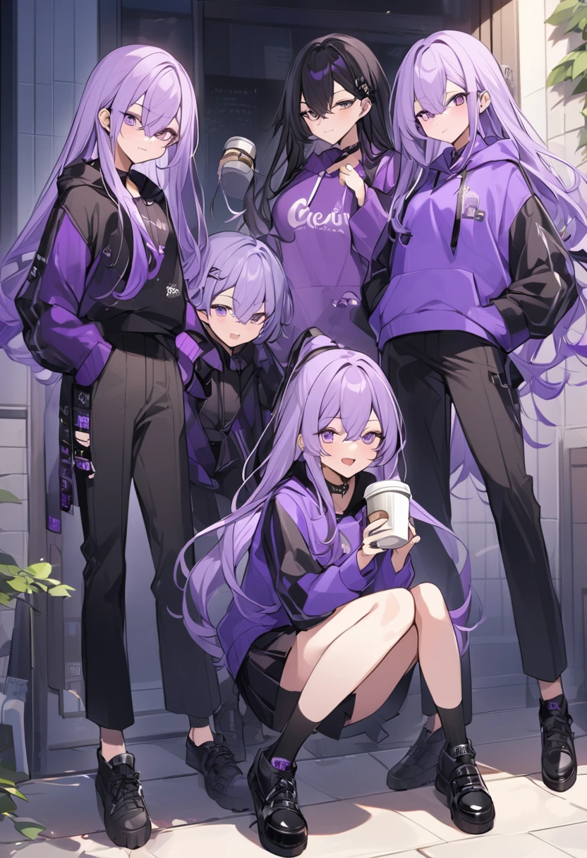 In a purple hoodie、Wearing a black short skirt、Wearing black socks、wearing black shoes。hair is black、Purple eyes。Breasts are K cup。The skin is white and、Long hair。Has one brother and one sister。My sister has an E cup。All in purple hoodies。All hair is black。My brother is wearing black pants.。