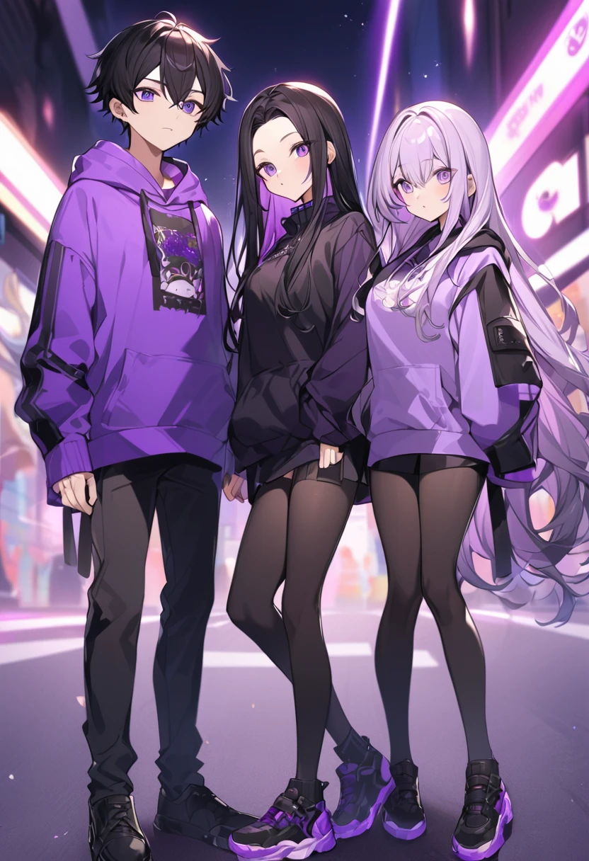 In a purple hoodie、Wearing a black short skirt、Wearing black socks、wearing black shoes。hair is black、Purple eyes。Breasts are K cup。The skin is white and、Long hair。Has one brother and one sister。My sister has an E cup。All in purple hoodies。All hair is black。My brother is wearing black pants.。
