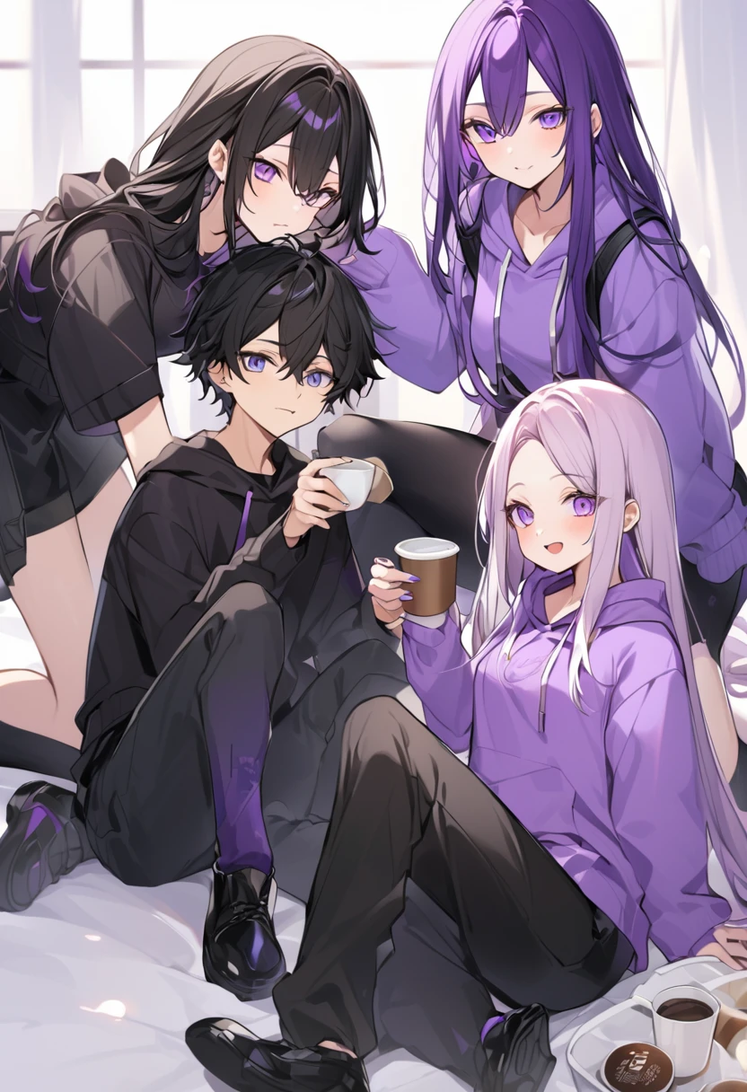 In a purple hoodie、Wearing a black short skirt、Wearing black socks、wearing black shoes。hair is black、Purple eyes。Breasts are K cup。The skin is white and、Long hair。Has one brother and one sister。My sister has an E cup。All in purple hoodies。All hair is black。My brother is wearing black pants.。
