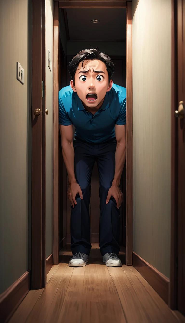 A scared man looking behind him、Inside the room