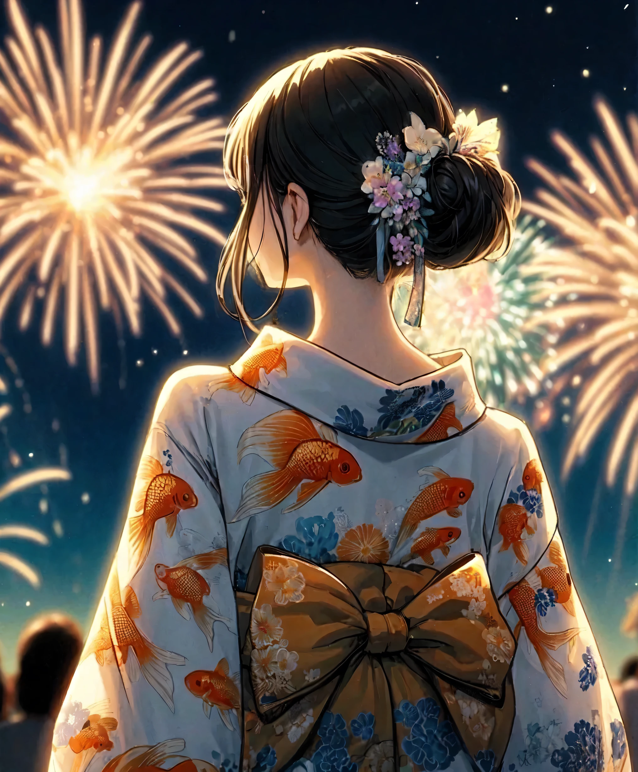 1lady solo, standing, back of head, (from behind), looking up at sky, (elegant yukata:1.1) (small golden fish-patterned:1.1), mature female, /(black hair/), hair up, flower ornament, (nape of neck), (masterpiece best quality:1.2) delicate illustration ultra-detailed BREAK (summer festival) outdoors, (elegant fireworks), night sky, contrast, crowded, detailed background