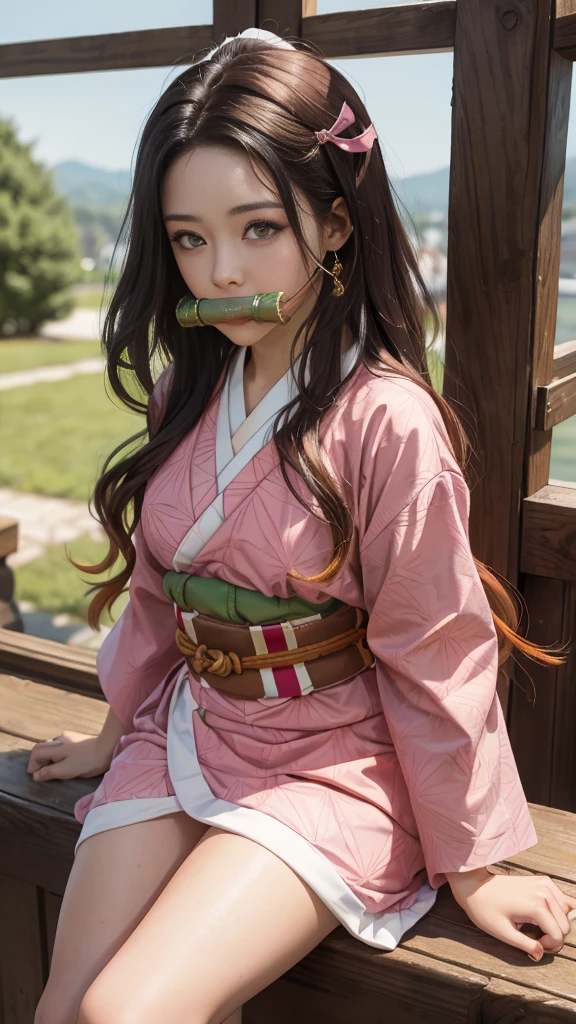 Masterpiece, Best Quality, High Resolution, Venus1, 1Girl, Solo, Tsuko Kamato, Bamboo, Gag, Hair (brown), Plaid Belt, Gag, Gag, Gradient Hair, Hair Ribbon, Haori, Japanese Clothing, Very Short Kimono, Long Hair, Looking at the Audience, Multicolored Hair, Pink Eyes, Very Short Pink Kimono, Pink Ribbon, Ribbon, Solo, (((Masterpiece)), Forehead, Sitting, Cute puffing cheeks, Eyes wide, hips very wide, thighs very thick, standing, idle
