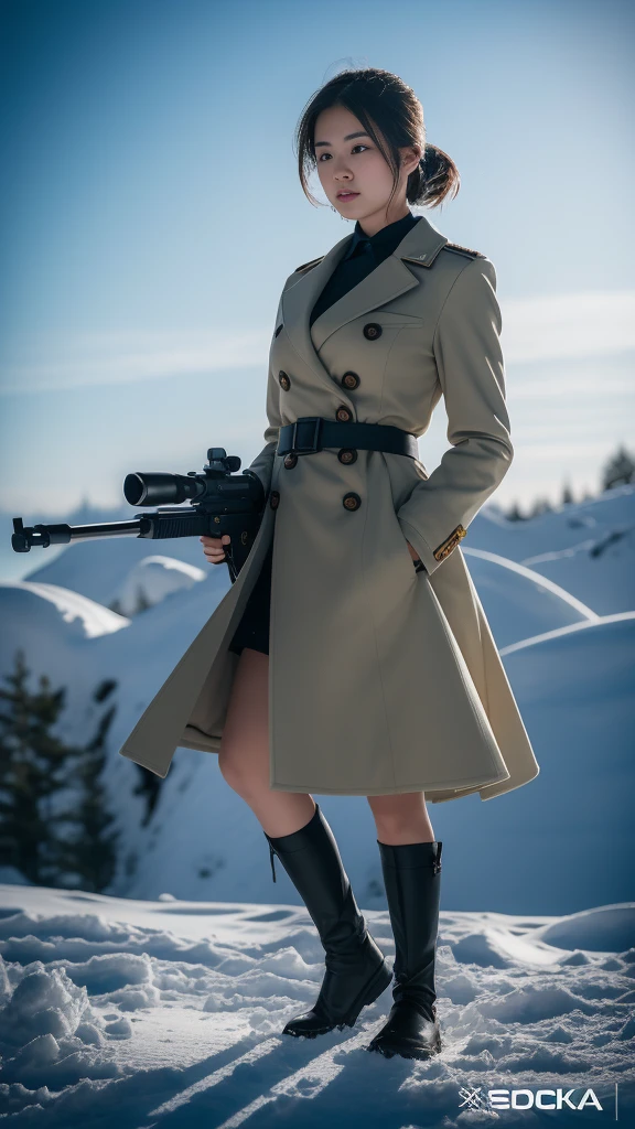 ((Get down on one knee,Female soldier with rifle)),Wild snow,((masterpiece:1.2, best quality)),Movie,official art,Propaganda Art,Movie壁纸,(A blonde girl in ), (White suit dress,Double-breasted style,White pleated skirt hem),Unified cover, Show your thighs,185cm. Shoot in the snow with style, Cool color temperature,, Conveys a sense of apathy and tension. The lighting is dramatic,There are harsh shadows and highlights, . Shot with Sony A7R IV,Aperture is f/2.8, ISO 1600, Shutter speed is 1/Two hundredths of a second. Ultra HD dtm HDR 8k.