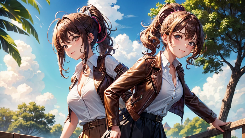 1girl, solo, village house, trees, sun, clouds, ((brown hair)), ponytail, large breasts, ((brown leather jacket)), button down shirt, ((blue checked shirt)), ((unbuttoned shirt)), unbuttoning buttons, cleavage 1:3, green eyes, long skirt, brown boots, smile, happy, looking at the viewer, standing, hair ribbon, golden necklate, wind
