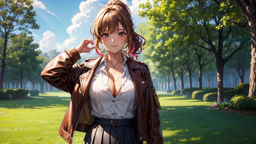 1girl, solo, summer, village, trees, sun, clouds, ((colorful hair)), curly hair, ponytail, large full breasts, ((brown leather jacket)), button down shirt, ((white shirt)), ((short sleeved shirt)), ((unbuttoned shirt)), unbuttoning buttons, cleavage 1:3, brown eyes, skirt, smile, looking at the viewer, standing, hair ribbon, golden necklate