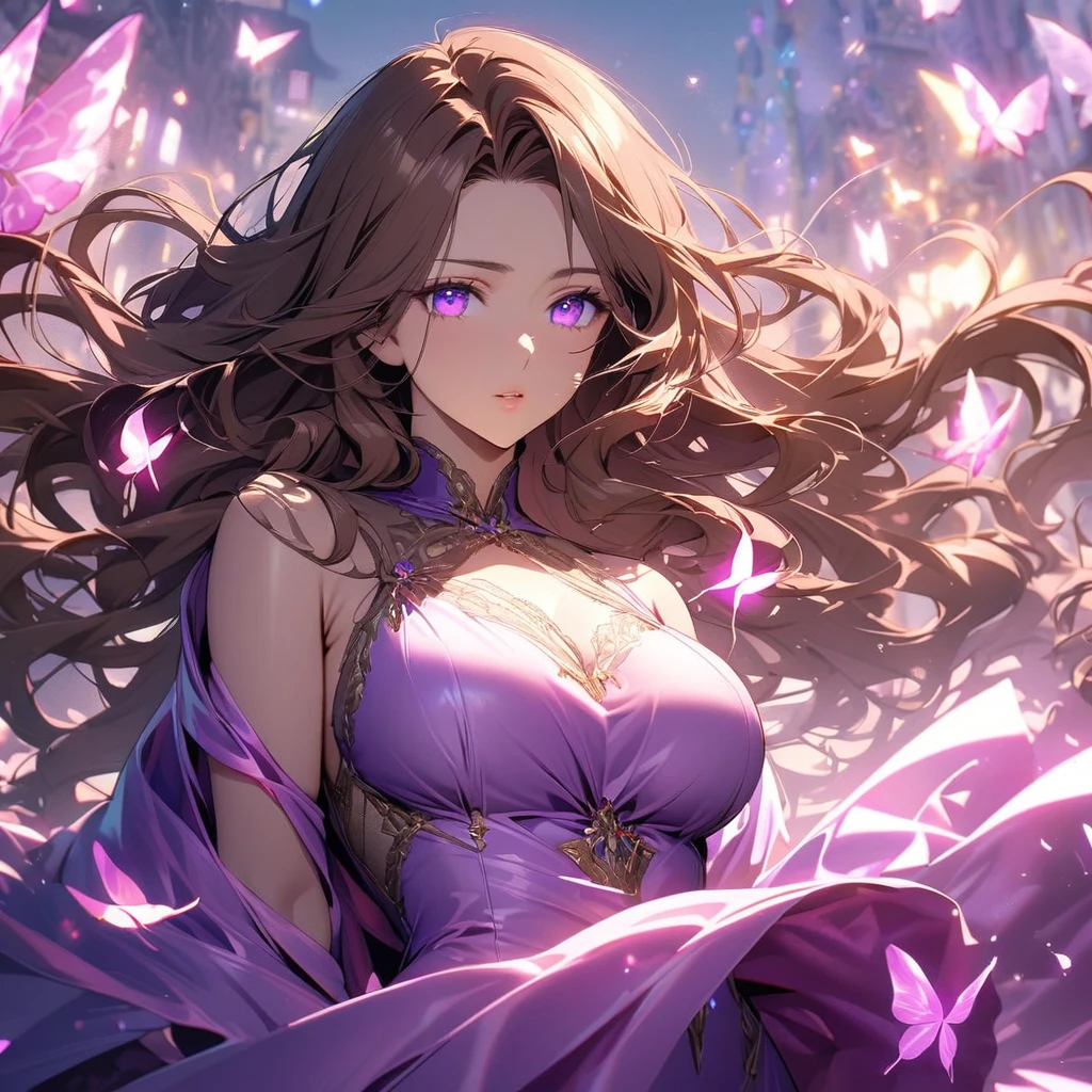 girl, brown hair, wavy hair, long hair, glowing purple eyes, magical silk fabric,  mature,  silk fabric blowing in the wind,  gorgeous, beautiful background, super detail,  beautiful color, glowing butterfly, angel, marine face, front face