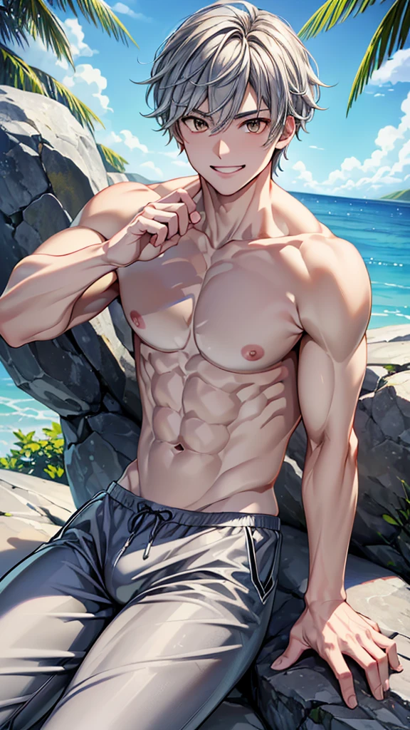 ((Masterpiece、high resolution、High definition、32K))、((Sitting on a rock))、(Focus on the upper body)、ung man、Grin、Cropped silver hair、Golden Eyes、(((Topless)))、((Bikini pants))、Muscular build、((Provoking gestures))、Summer blue sky、smile、Staring at me、