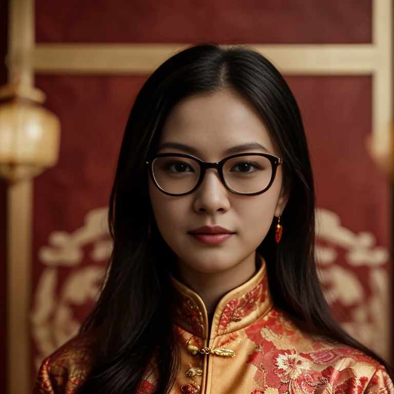 Close-up of woman wearing glasses and red jacket, Empress of China, queen of the sea Mu Yanling, Chinese princess, Inspired by Tang Di, 🔞🤡, Sazi, in the style of sifu 🔥 😎 🕹️ 👀 :2, Chinese style, Inspiration from Li Tang, He wore the red and gold decorations.