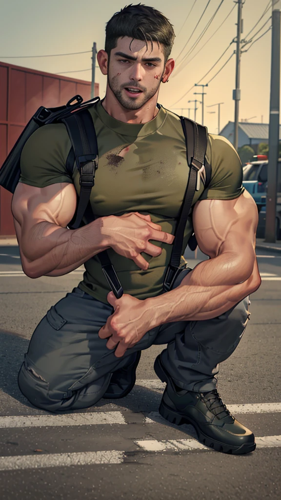 upper body shot, low camera angle, Chris Redfield kneeling, Shocked, open mouth wide, Arms beside the body, straight, front ,(black hair), smile open mouth, (Wear color olive green round neck T-shirt: 1.5), (with a Police badge: 1.2), olive green cargo, black glove, (blood splatters) ,( abrasions on face: 1.2), (Blood stains on the face and body: 1.2), Korean guy , korean men, (High gloss details), chest muscles, large arm muscles, blood vessel, Big muscles, Broad shoulders, looking at the audience, Balancing the eyes, middle of the road , (Carrying a black backpack: 1.3) ,walk to camera,(Fire blazes behind)