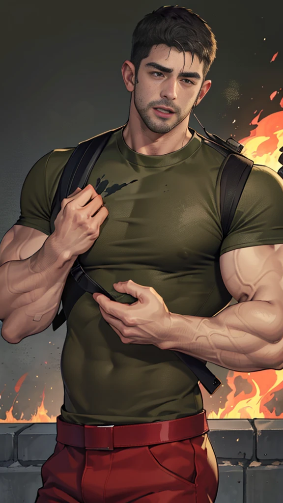 upper body shot, low camera angle, Chris Redfield kneeling, Shocked, open mouth wide, Arms beside the body, straight, front ,(black hair), smile open mouth, (Wear color olive green round neck T-shirt: 1.5), (with a Police badge: 1.2), olive green cargo, black glove, (blood splatters) ,( abrasions on face: 1.2), (Blood stains on the face and body: 1.2), Korean guy , korean men, (High gloss details), chest muscles, large arm muscles, blood vessel, Big muscles, Broad shoulders, looking at the audience, Balancing the eyes, middle of the road , (Carrying a black backpack: 1.3) ,walk to camera,(Fire blazes behind)