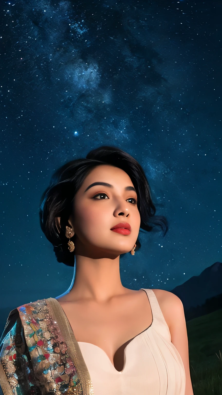 (((desi girl))), chubby face, natural skin, wearing hot deep neck top and dupatta, charming black hair, realistic night view, moon stars mountain background, bokeh